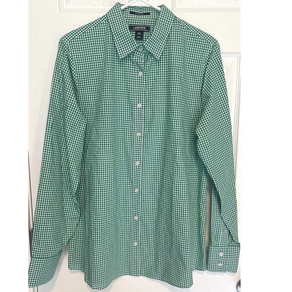 Lands End Womens 12T No Iron Supima Cotton Gingham Button Down Shirt Kelly Green